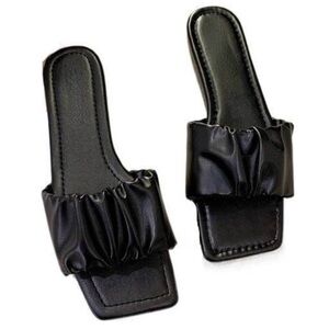 Black Flats Summer Fashion Pleated Square Toe Sandals Slides